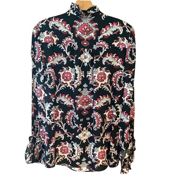 Kobi Halperin Sz M NWT Black Red Levi Ruffle Smocked Cuff Flowy 100% Silk Blouse - Picture 3 of 10